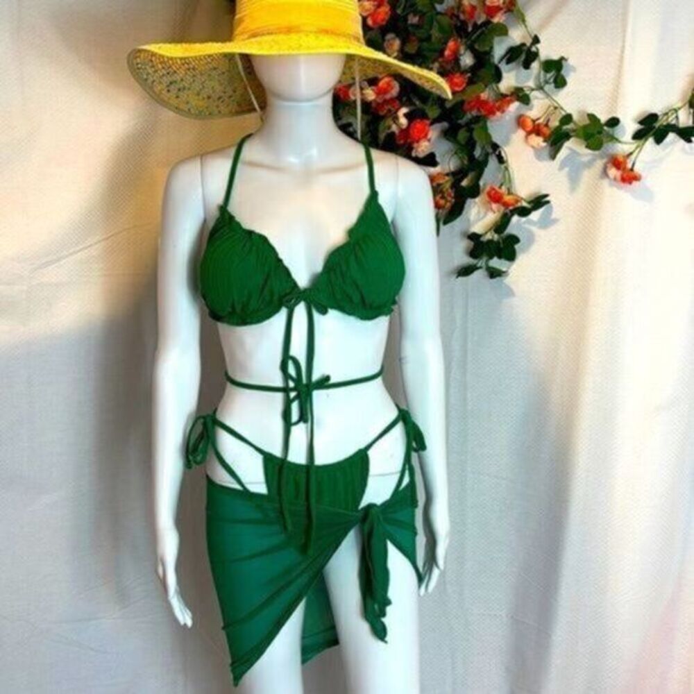 Sexy 3 Piece Bikini and Coverup Set String Tie Triangle Thong Swimsuit‎  S